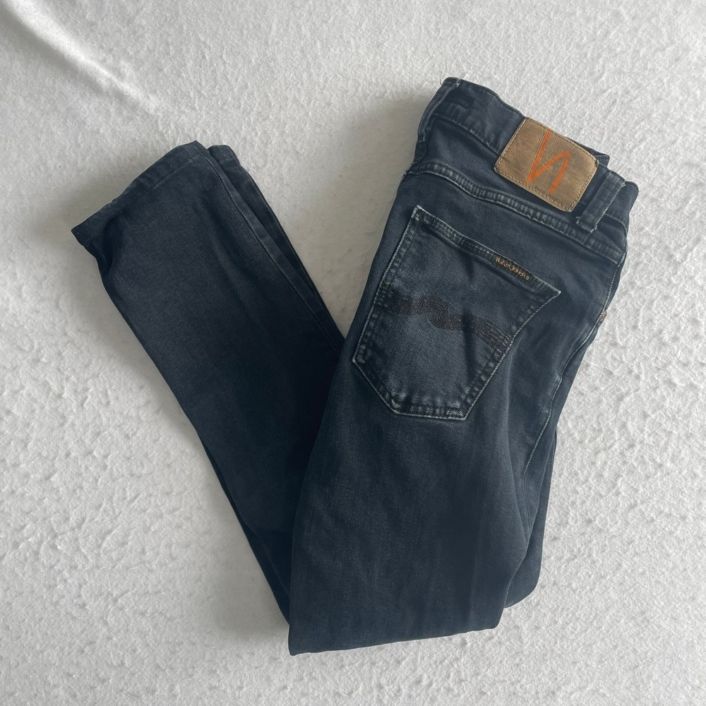 Nudie Jeans Lean Dean Black Skies 28x32 Faded Organic Cotton Stretch Denim Jeans